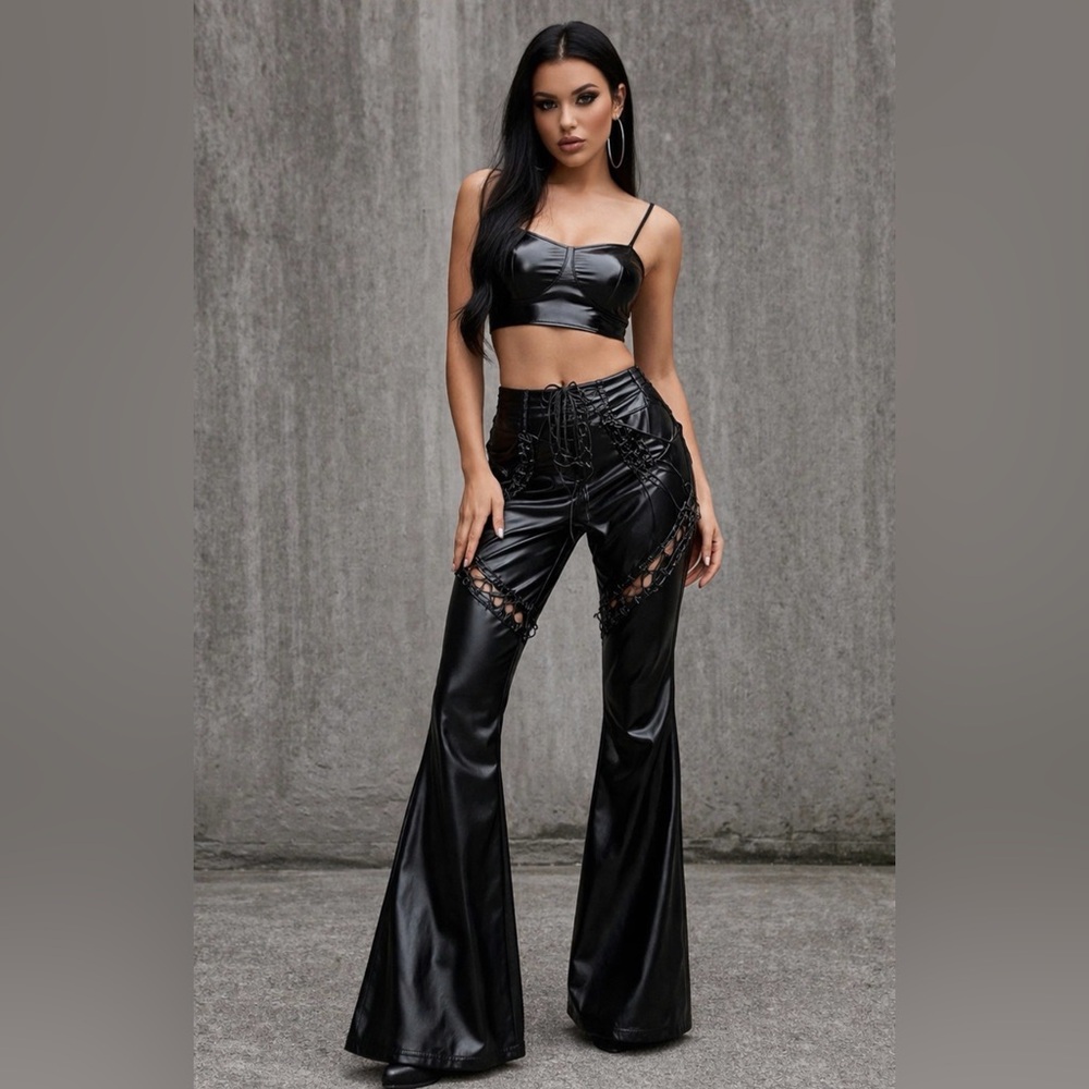 PrettyLittleThing Black Lace-Up Faux Leather Flared Pants